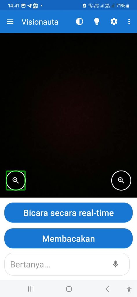 Tangkapan layar beranda Aplikasi Visionauta, dengan menampilkan berbagai menu